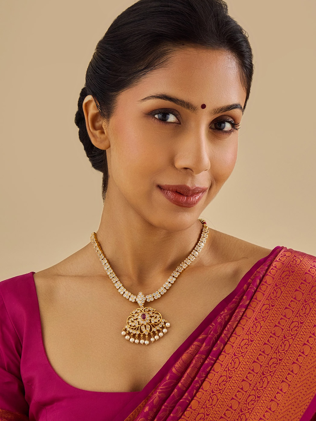 

Kushal's Fashion Jewellery 92.5 Pure Silver Gold-Plated Stone Studded Temple Necklace