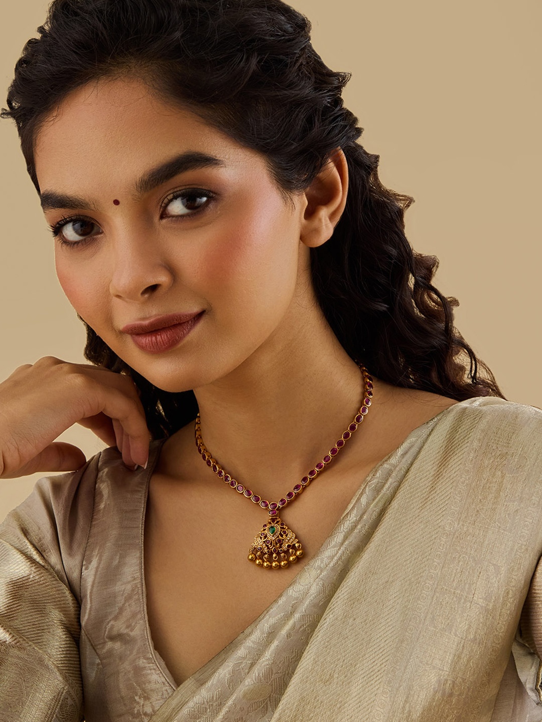 

Kushal's Fashion Jewellery 92.5 Pure Silver Gold-Plated Temple Necklace