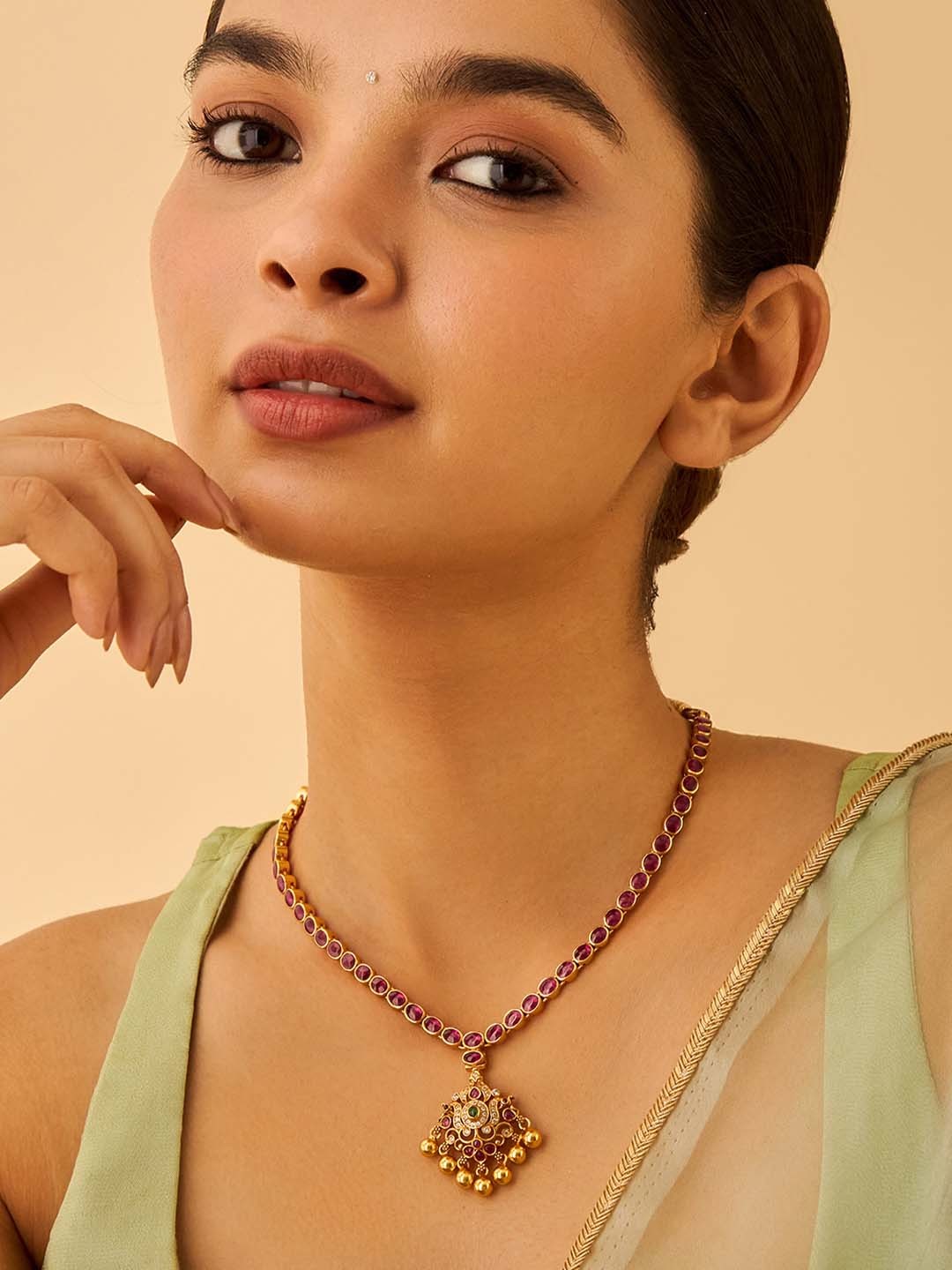 

Kushal's Fashion Jewellery 92.5 Pure Silver Gold-Plated Stone Studded Necklace
