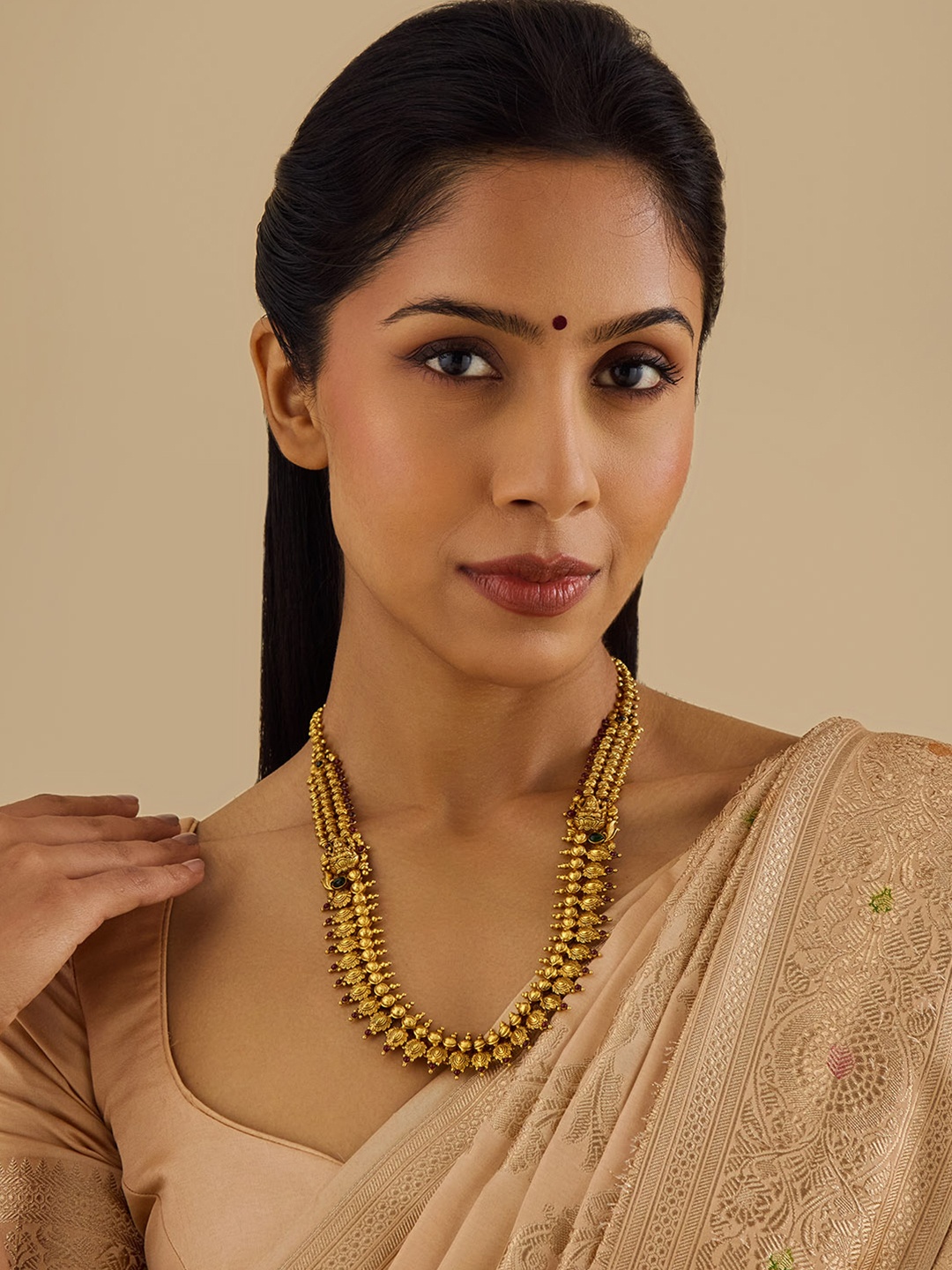 

Kushal's Fashion Jewellery 92.5 Pure Silver Gold-Plated Stone Studded Temple Necklace