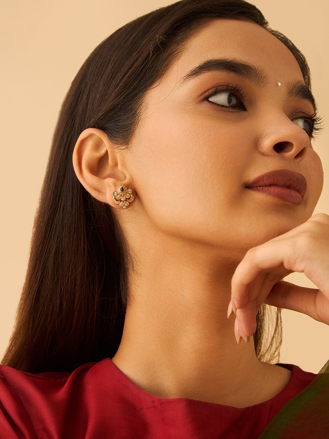 

Kushal's Fashion Jewellery 92.5 Pure Silver Gold-Plated Stone Studded Temple Studs