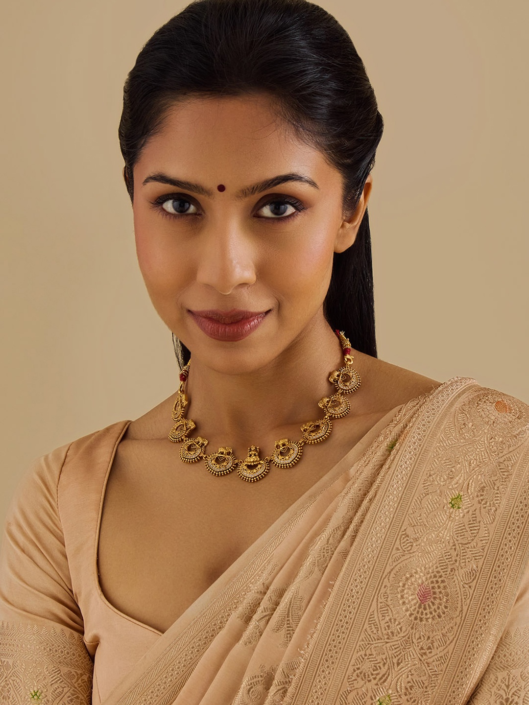 

Kushal's Fashion Jewellery 92.5 Pure Silver Gold-Plated Stone Studded Temple Necklace