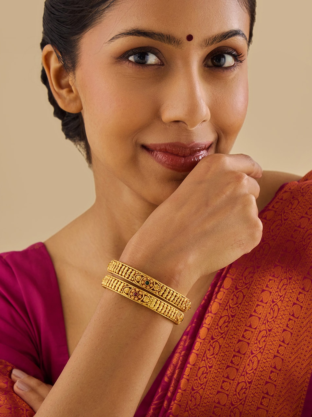 

Kushal's Fashion Jewellery Set Of 2 Gold-Plated 92.5 Pure Silver Stone-Studded Bangles