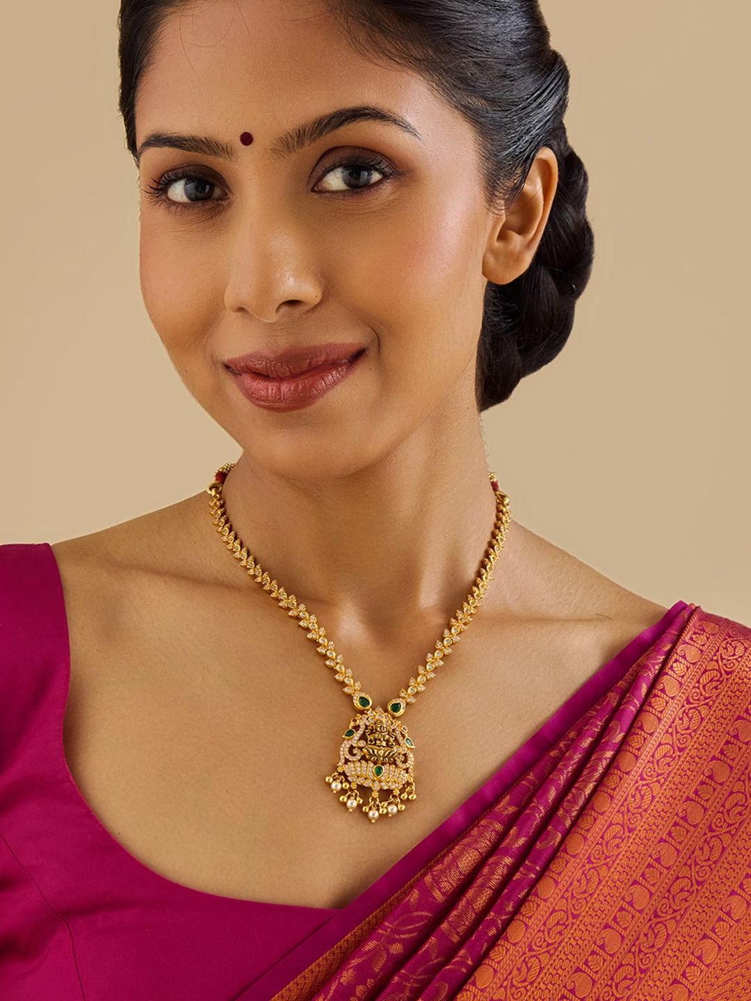 

Kushal's Fashion Jewellery 92.5 Pure Silver Gold-Plated CZ Studded Temple Necklace