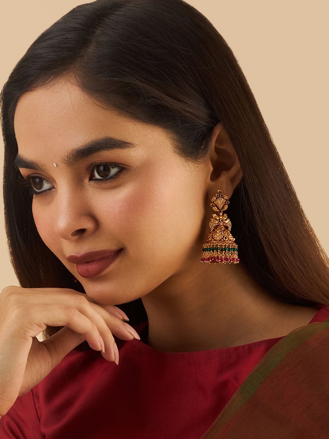 

Kushal's Fashion Jewellery 92.5 Pure Silver Gold-Plated Stone Studded Dome Shaped Jhumkas, Red