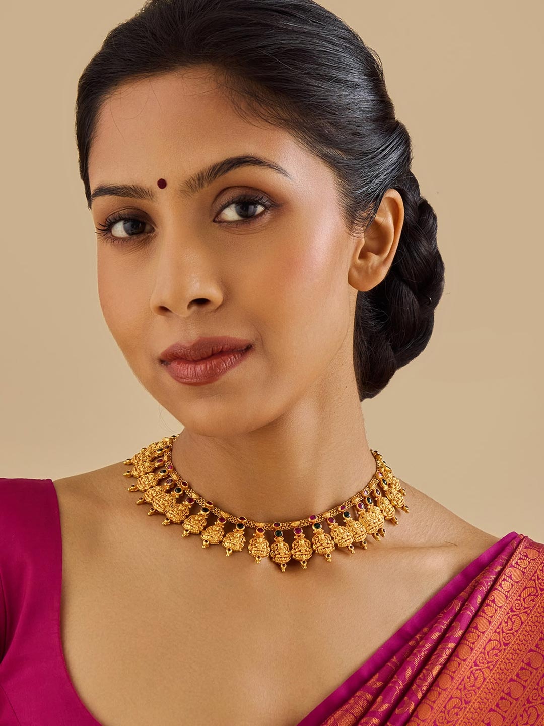 

Kushal's Fashion Jewellery 92.5 Pure Silver Gold-Plated Ruby Temple Minimal Necklace