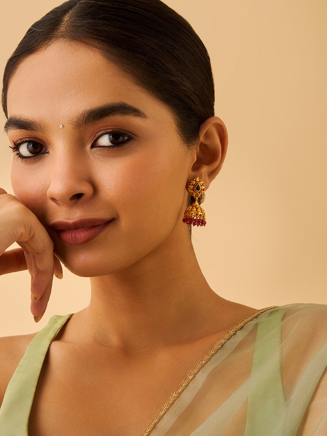 

Kushal's Fashion Jewellery 92.5 Pure Silver Gold-Plated Stone Studded & Beaded Jhumkas