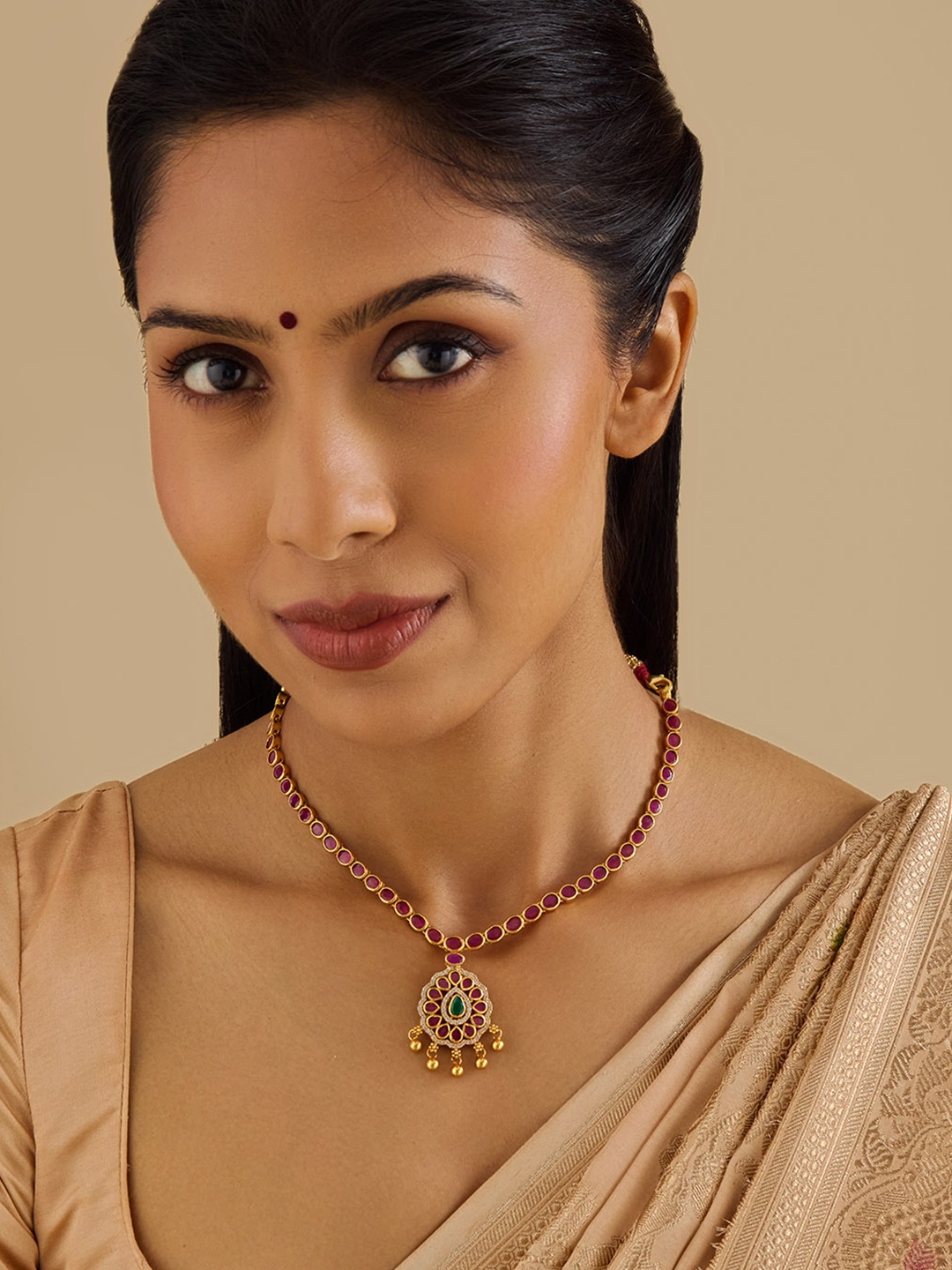 

Kushal's Fashion Jewellery 92.5 Pure Silver Gold-Plated Ruby Temple Minimal Necklace