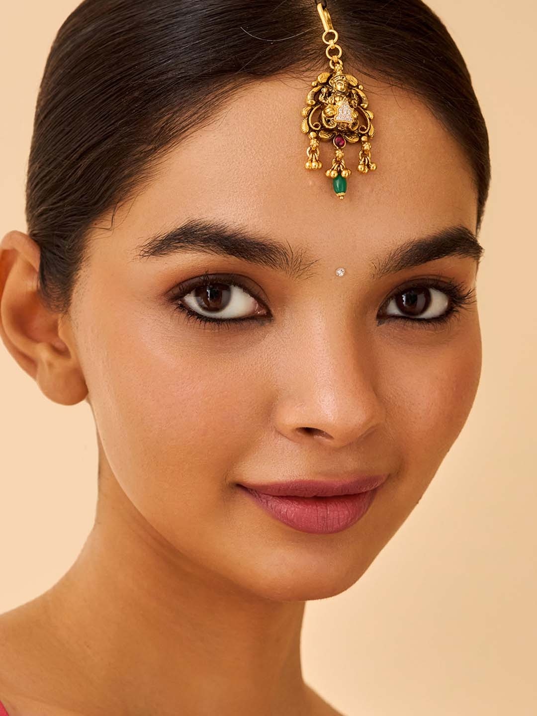 

Kushal's Fashion Jewellery 92.5 Pure Silver Gold-Plated Ruby Maang Tikka