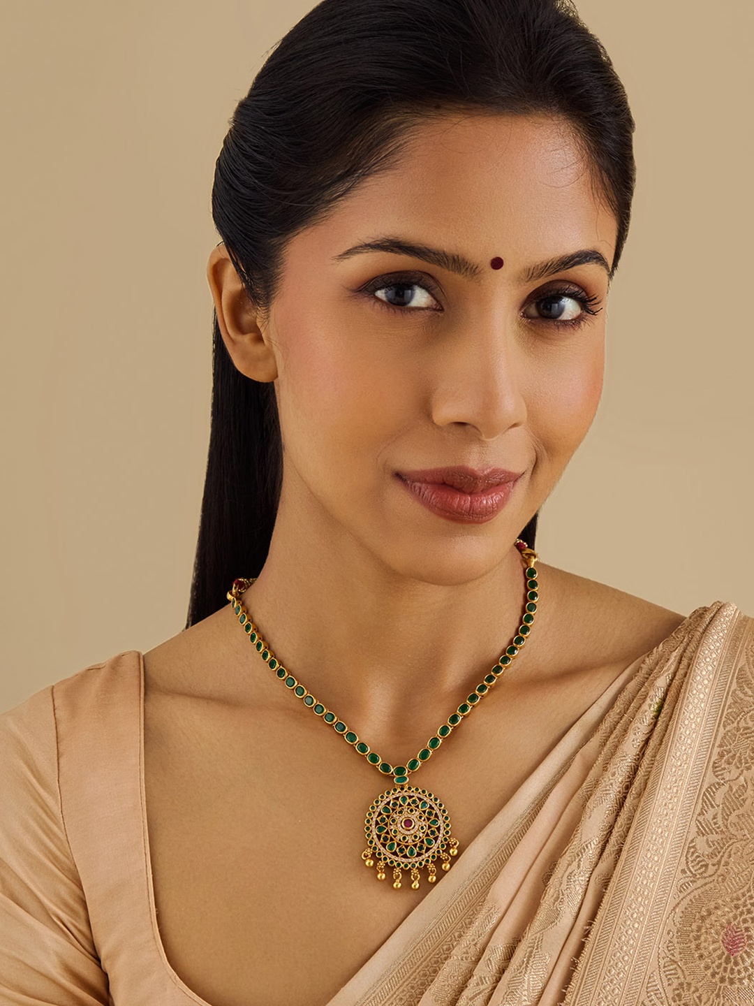 

Kushal's Fashion Jewellery 92.5 Pure Silver Gold-Plated Stone Studded Temple Necklace