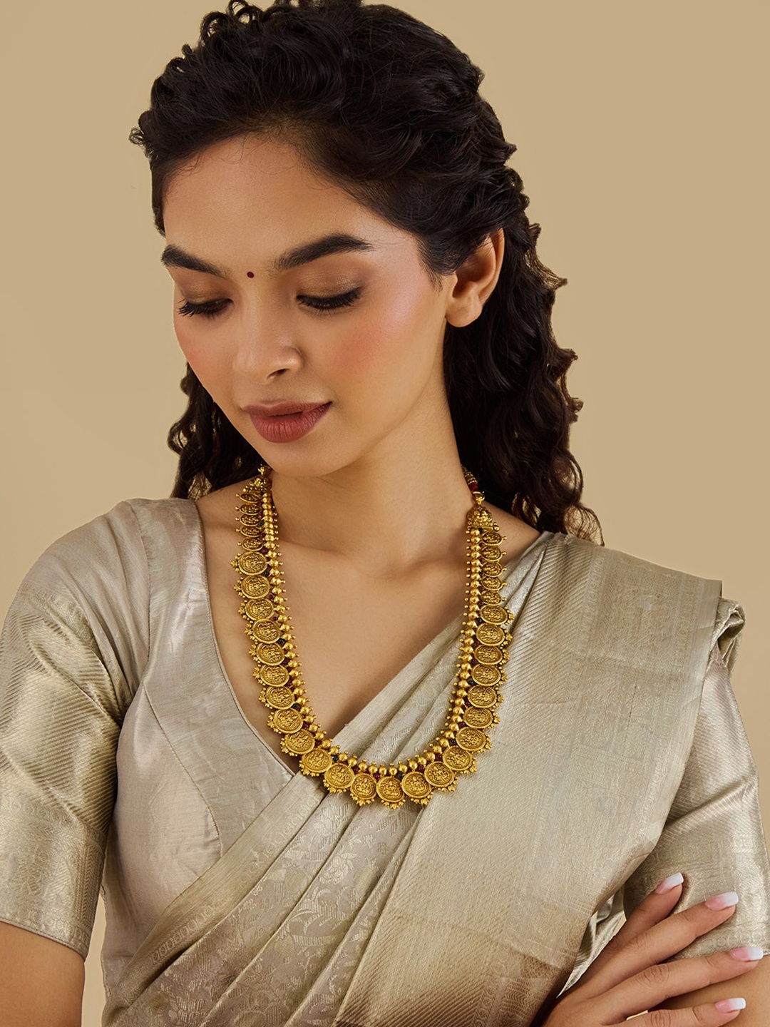 

Kushal's Fashion Jewellery 92.5 Pure Silver Gold-Plated Studded Lakshmi Goddess Necklace