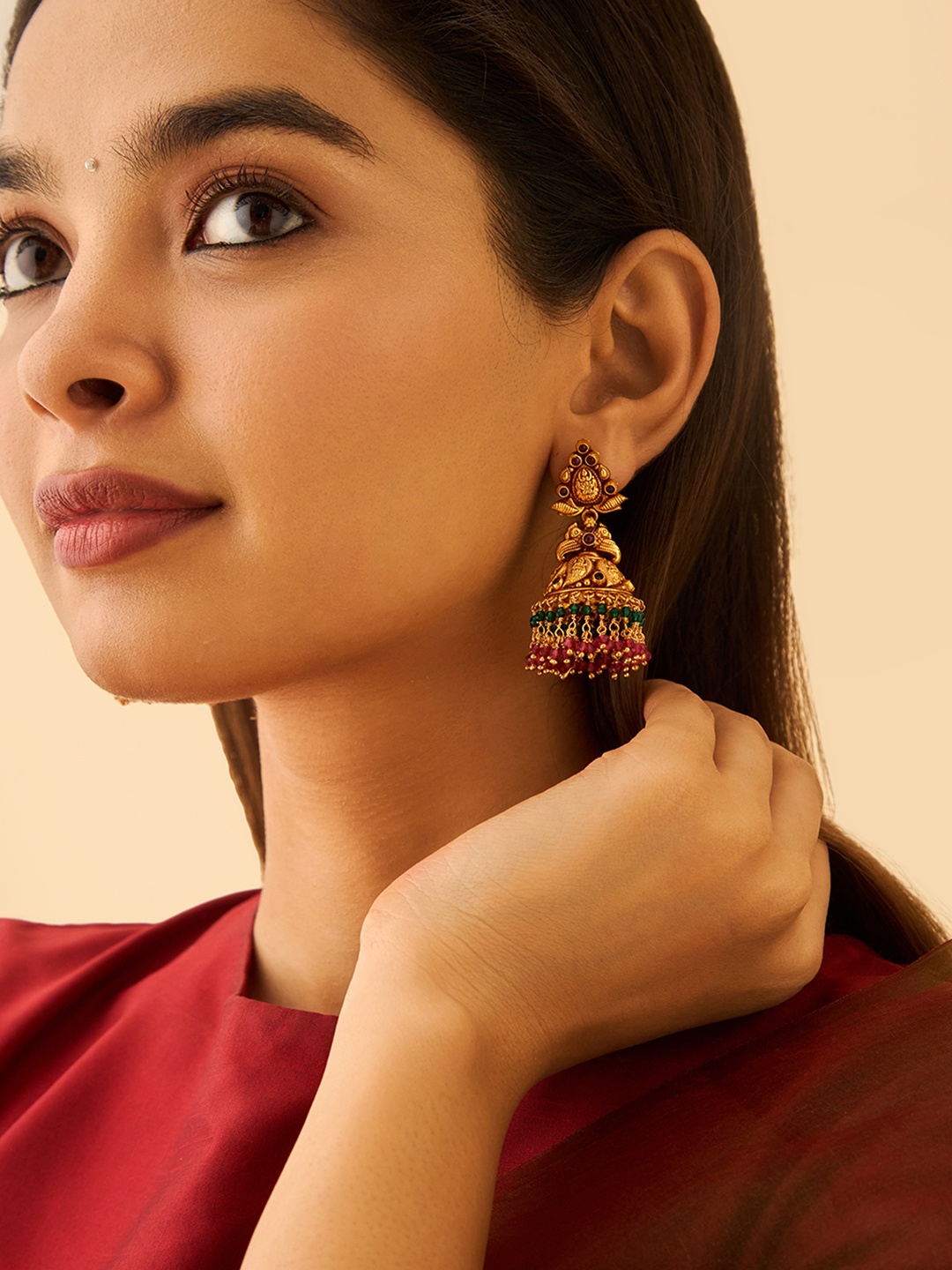 

Kushal's Fashion Jewellery 92.5 Pure Silver Gold-Plated Stone Studded Dome Shaped Jhumkas, Red