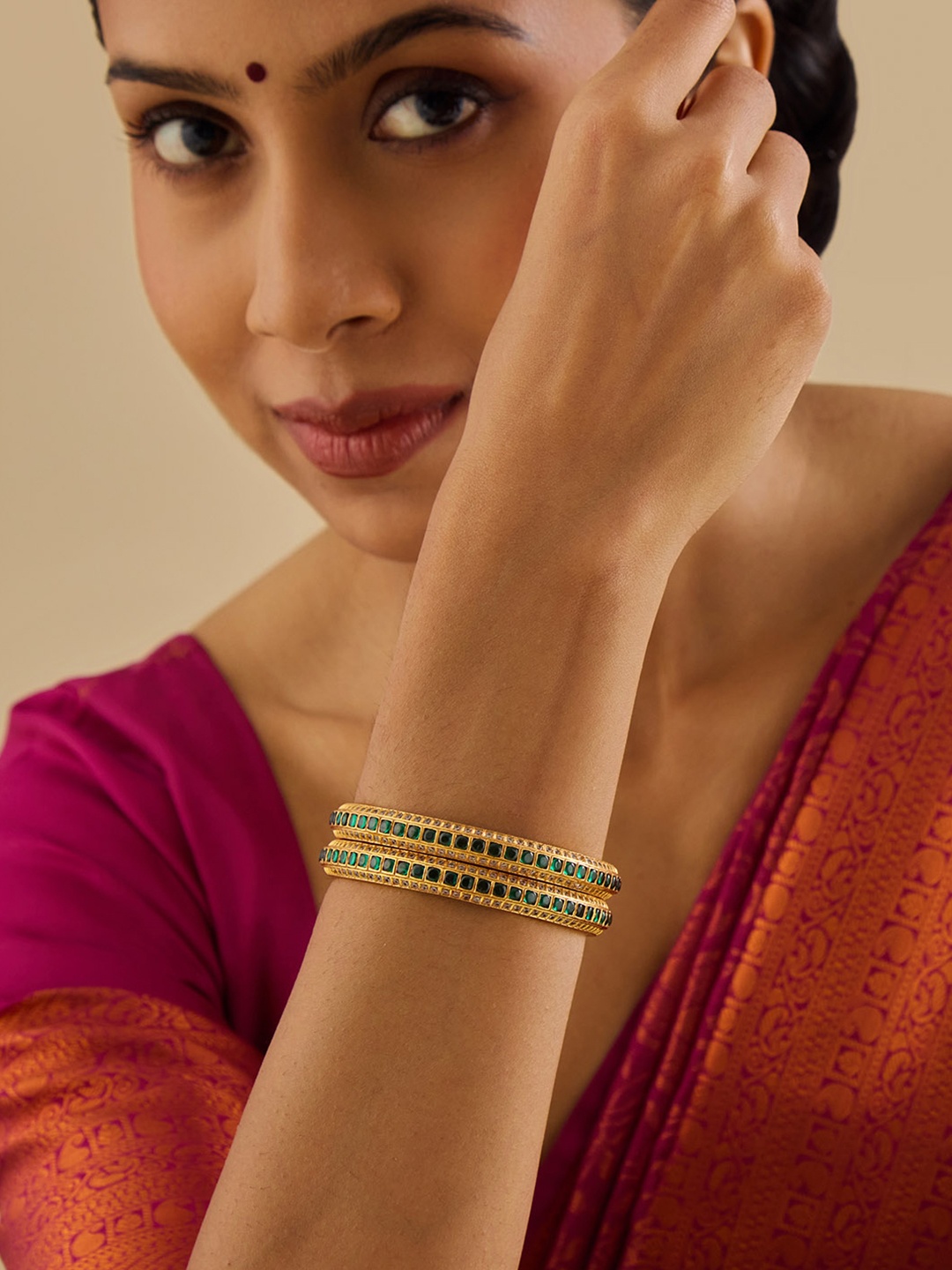 

Kushal's Fashion Jewellery Pack Of 2 92.5 Silver Gold-Plated Artificial Stones Bangles