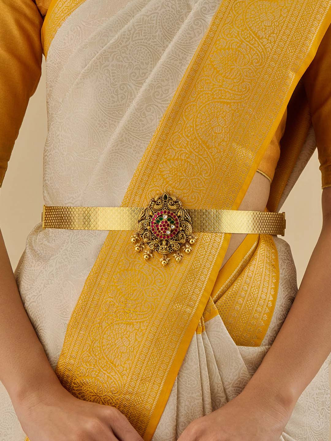 

Kushal's Fashion Jewellery 92.5 Pure Silver Gold Plated Stones Studded Waist Chain