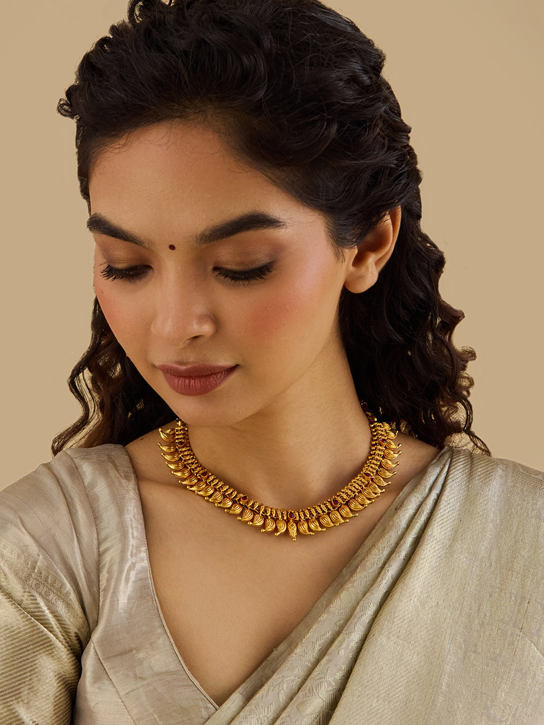 

Kushal's Fashion Jewellery 92.5 Pure Silver Gold-Plated Stone Studded Temple Necklace