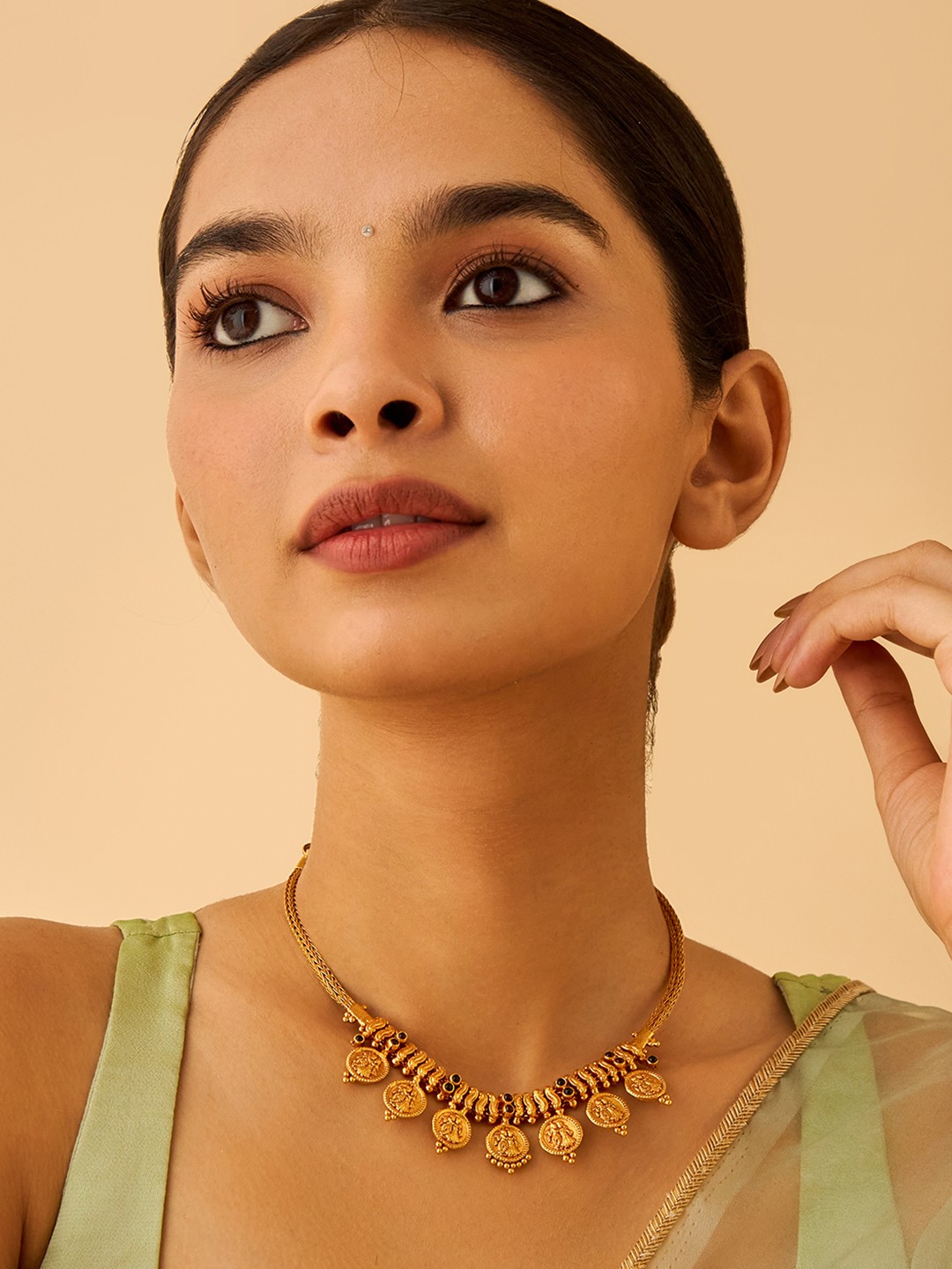 

Kushal's Fashion Jewellery 92.5 Pure Silver Gold-Plated Stone Studded Temple Necklace