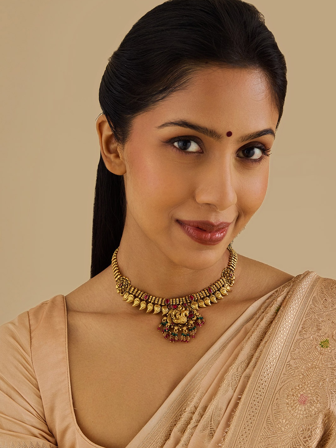 

Kushal's Fashion Jewellery 92.5 Pure Silver Gold-Plated Stone Studded Temple Necklace