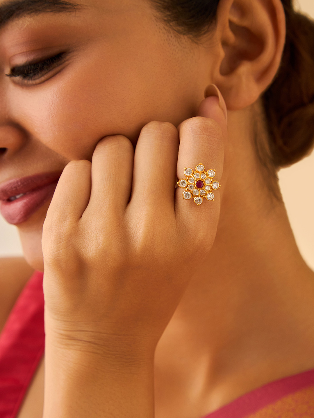 

Kushal's Fashion Jewellery 92.5 Pure Silver Gold-Plated Stone-Studded Finger Ring