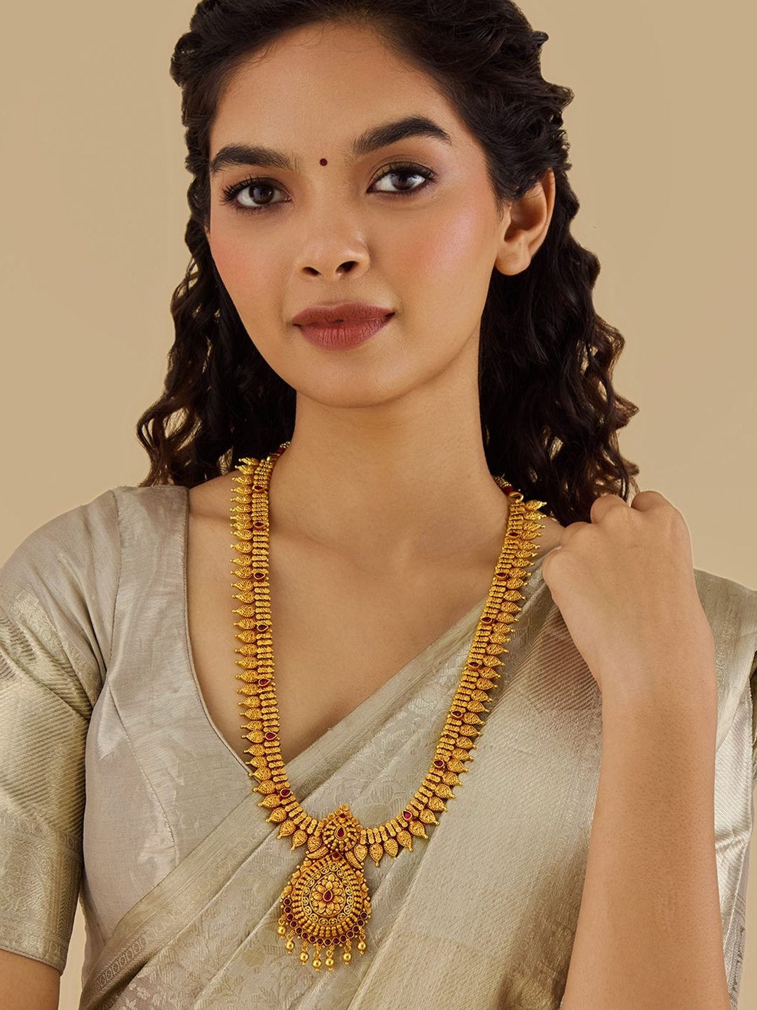 

Kushal's Fashion Jewellery 92.5 Pure Silver Gold-Plated Stone Studded Temple Necklace