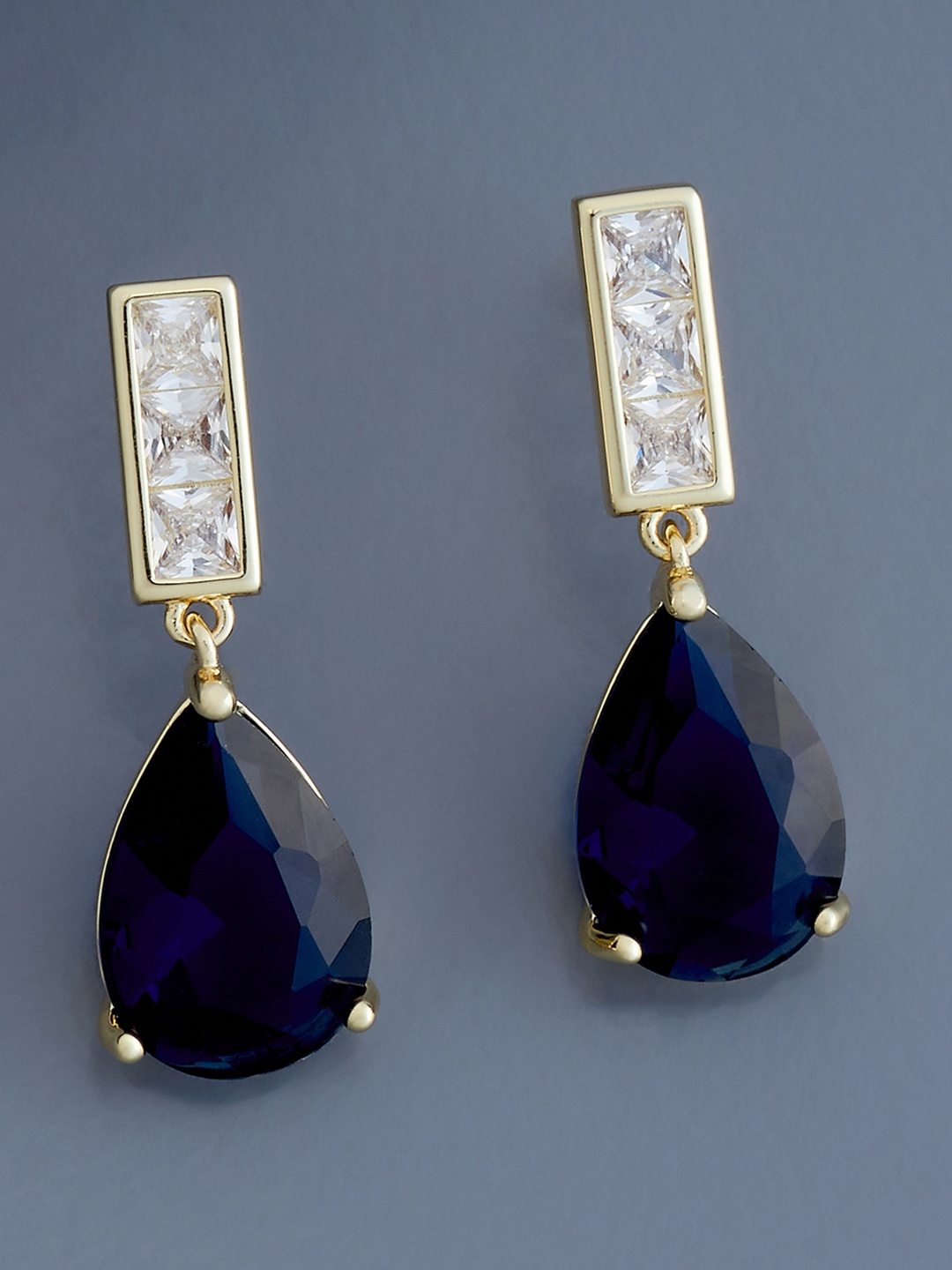 

Kushal's Fashion Jewellery Gold-Plated Teardrop Shaped Cubic Zirconia Drop Earrings