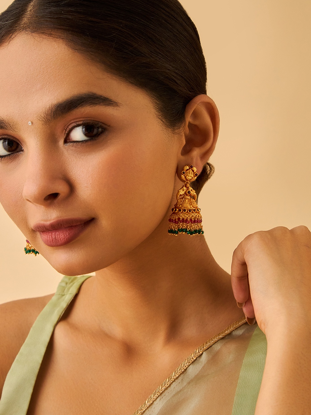 

Kushal's Fashion Jewellery 92.5 Pure Silver Gold-Plated Stone Studded & Beaded Jhumkas