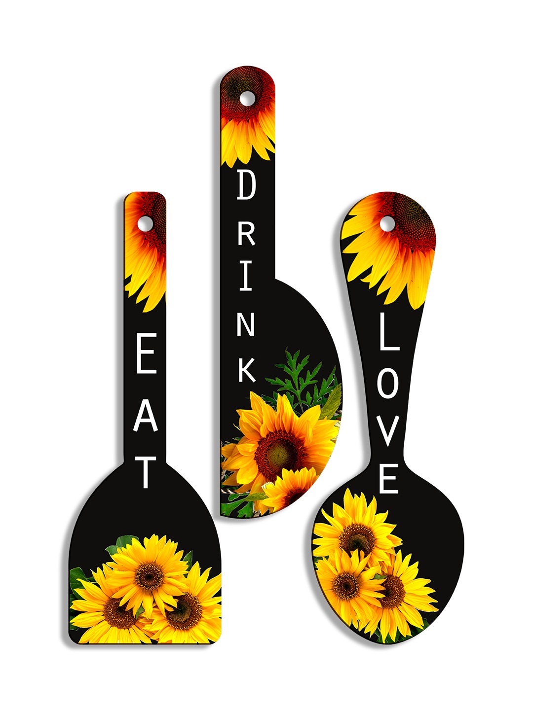 

SEHAZ ARTWORKS Yellow & Black 3 Pieces Printed Wooden Wall Hanging Decor