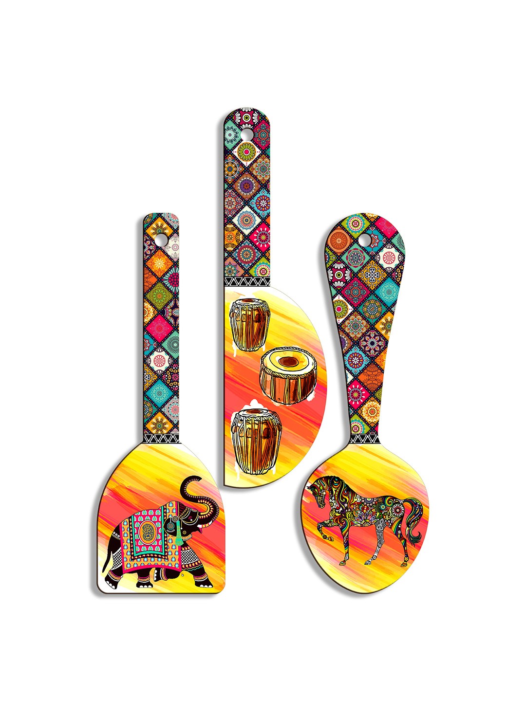 

SEHAZ ARTWORKS Yellow & Red 3 Pieces Printed Wooden Wall Hanging Decor