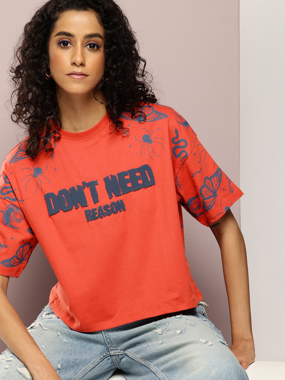 

Kook N Keech Printed Drop-Shoulder Sleeves Boxy Crop T-shirt, Red