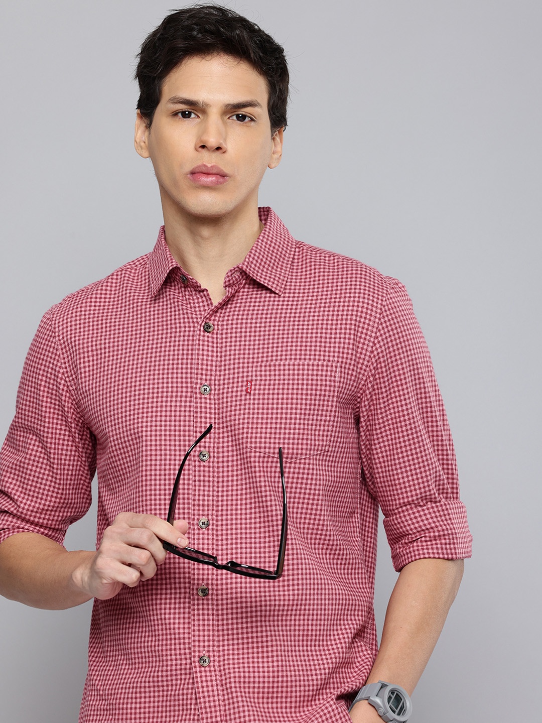 

Levis Slim Fit Micro Checks Pure Cotton Casual Shirt, Pink