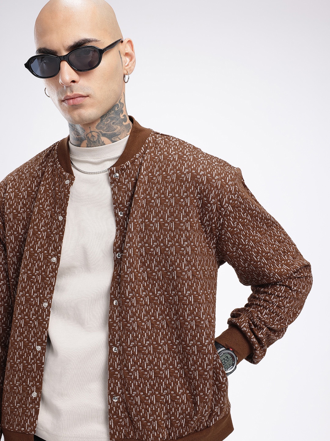 

glitchez Modern Swag Self Design Relaxed Bomber Jacket, Brown