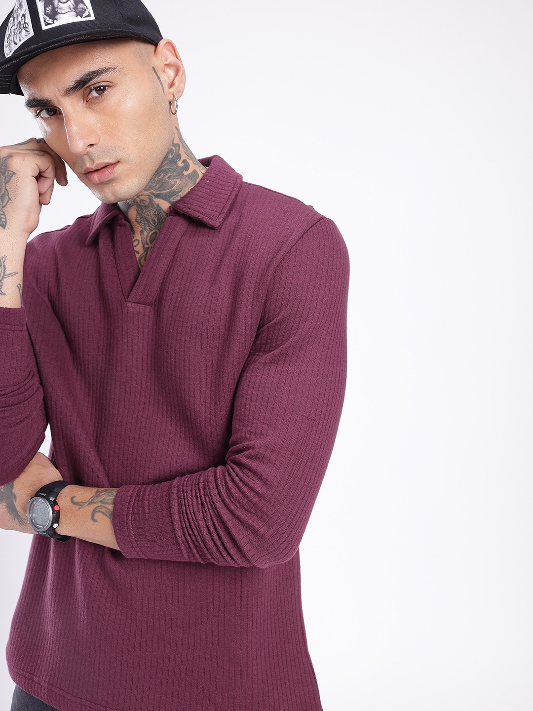 

glitchez Cool Vibe Ribbed Polo Collar Relaxed Fit T-shirt, Purple