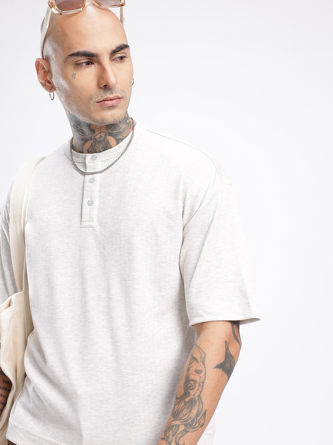 

glitchez Downtown Dope Chevron Printed Henley Neck Oversized T-shirt, Off white