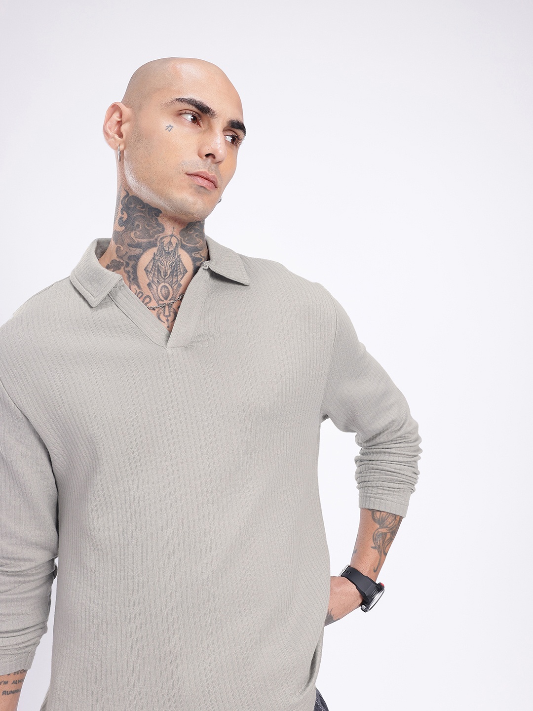 

glitchez Modern Vibe Ribbed Polo Collar Relaxed Fit T-shirt, Grey