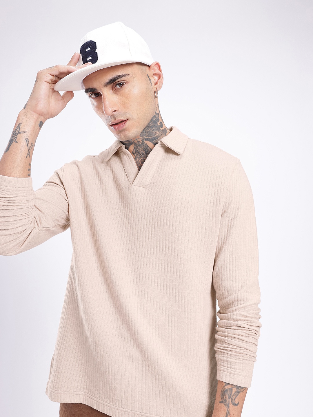 

glitchez Modern Cool Ribbed Polo Collar Relaxed Fit T-shirt, Beige