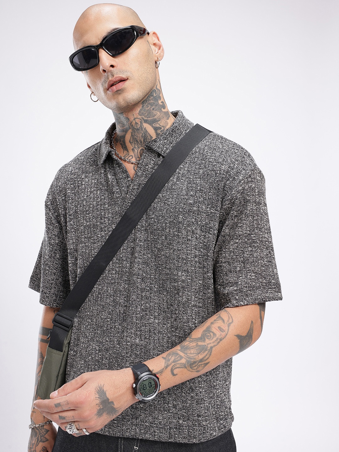 

glitchez City Swagger Melange Oversized Ribbed Polo T-shirt, Black