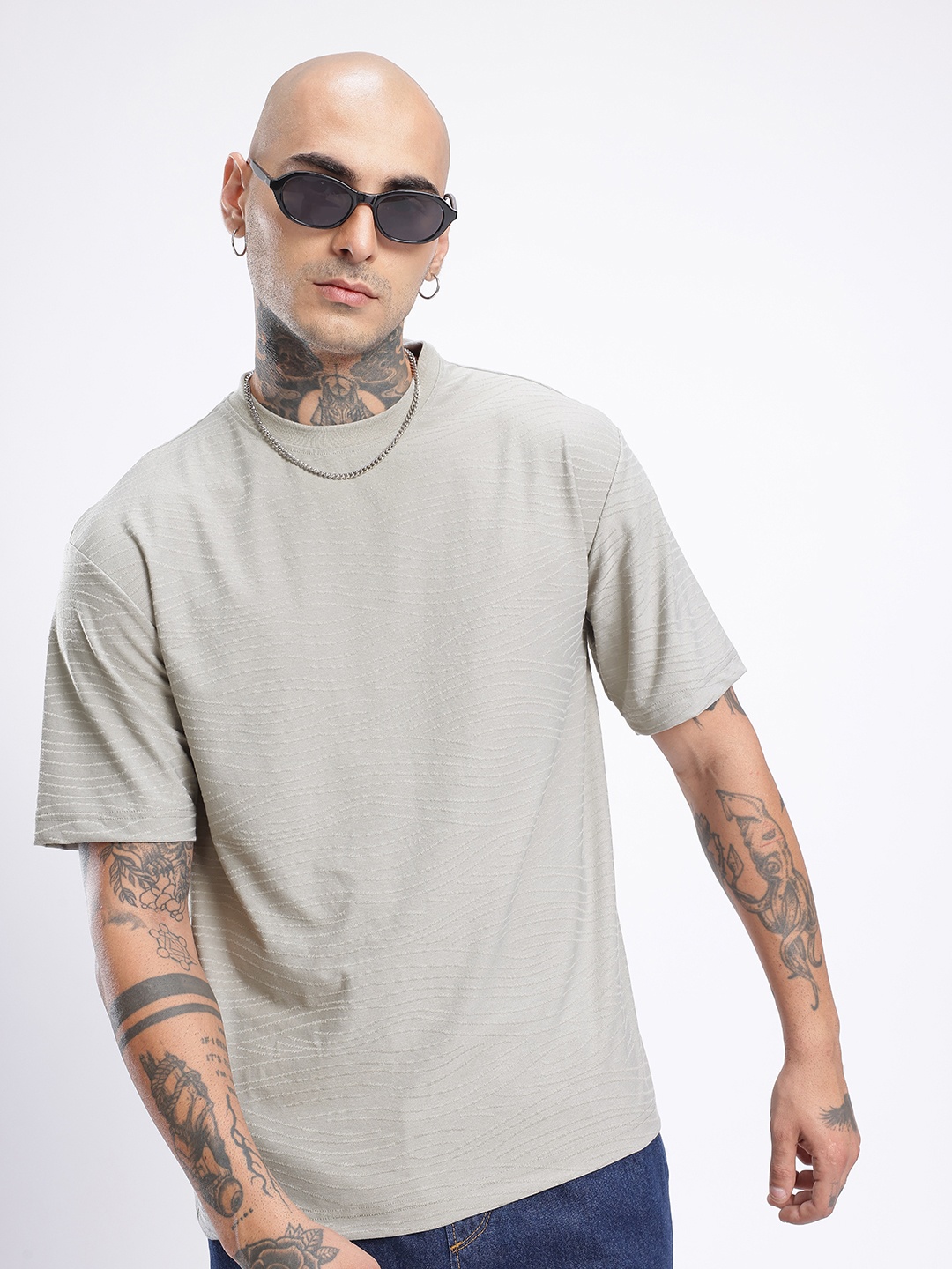 

glitchez Urban Swag Textured Oversized T-shirt, Grey