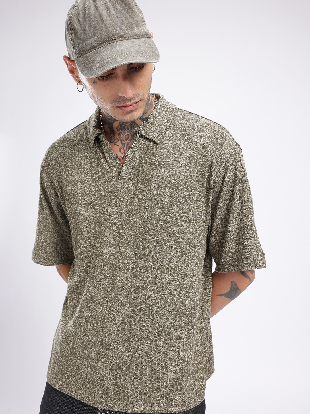 

glitchez Urban Vibes Melange Oversized Ribbed Polo T-shirt, Olive