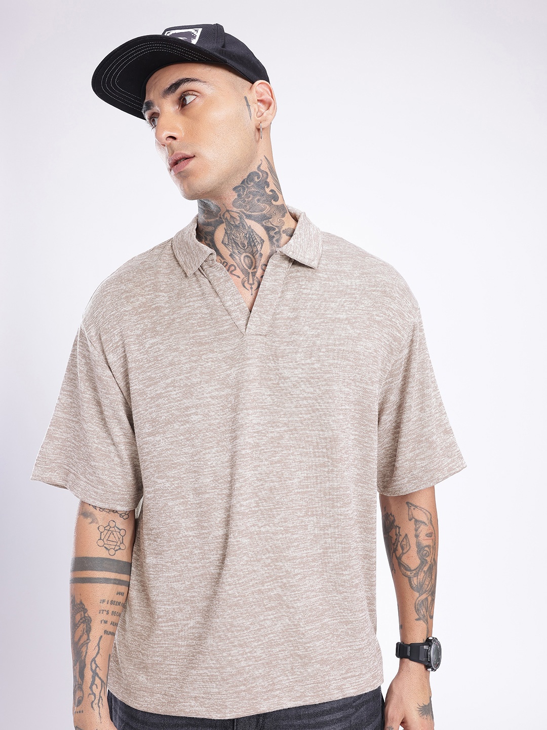 

glitchez Edgy Cool Polo Collar Oversized T-shirt, Grey