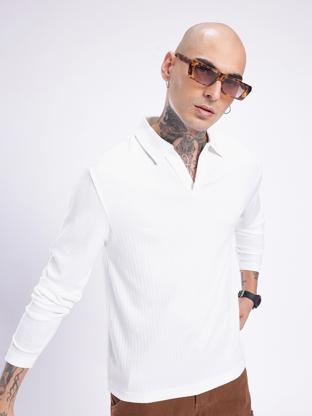 

glitchez Modern Cool Ribbed Polo Collar Relaxed Fit T-shirt, White