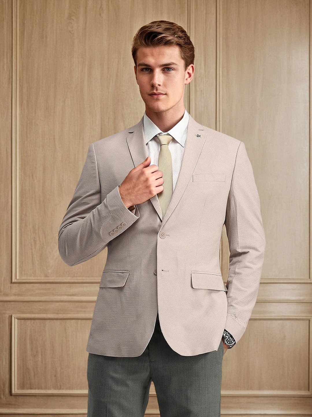 

Arrow Self Design Notched Lapel Slim-Fit Single Breasted Blazers, Beige