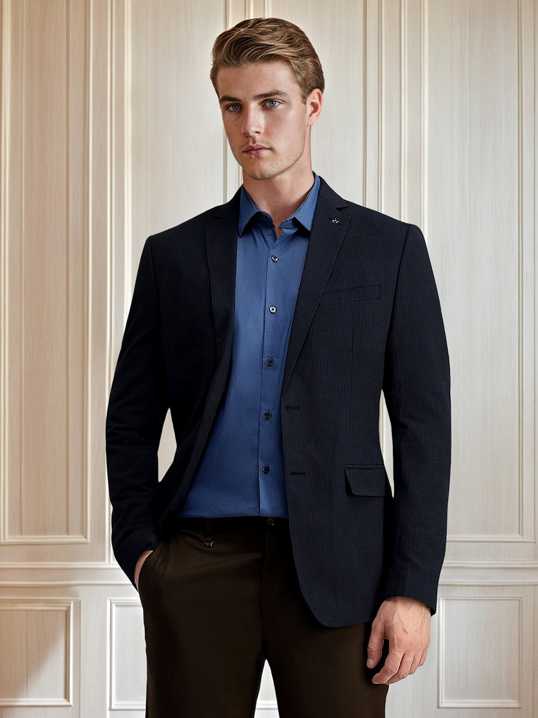 

Arrow Self Design Notched Lapel Slim-Fit Single Breasted Blazers, Navy blue