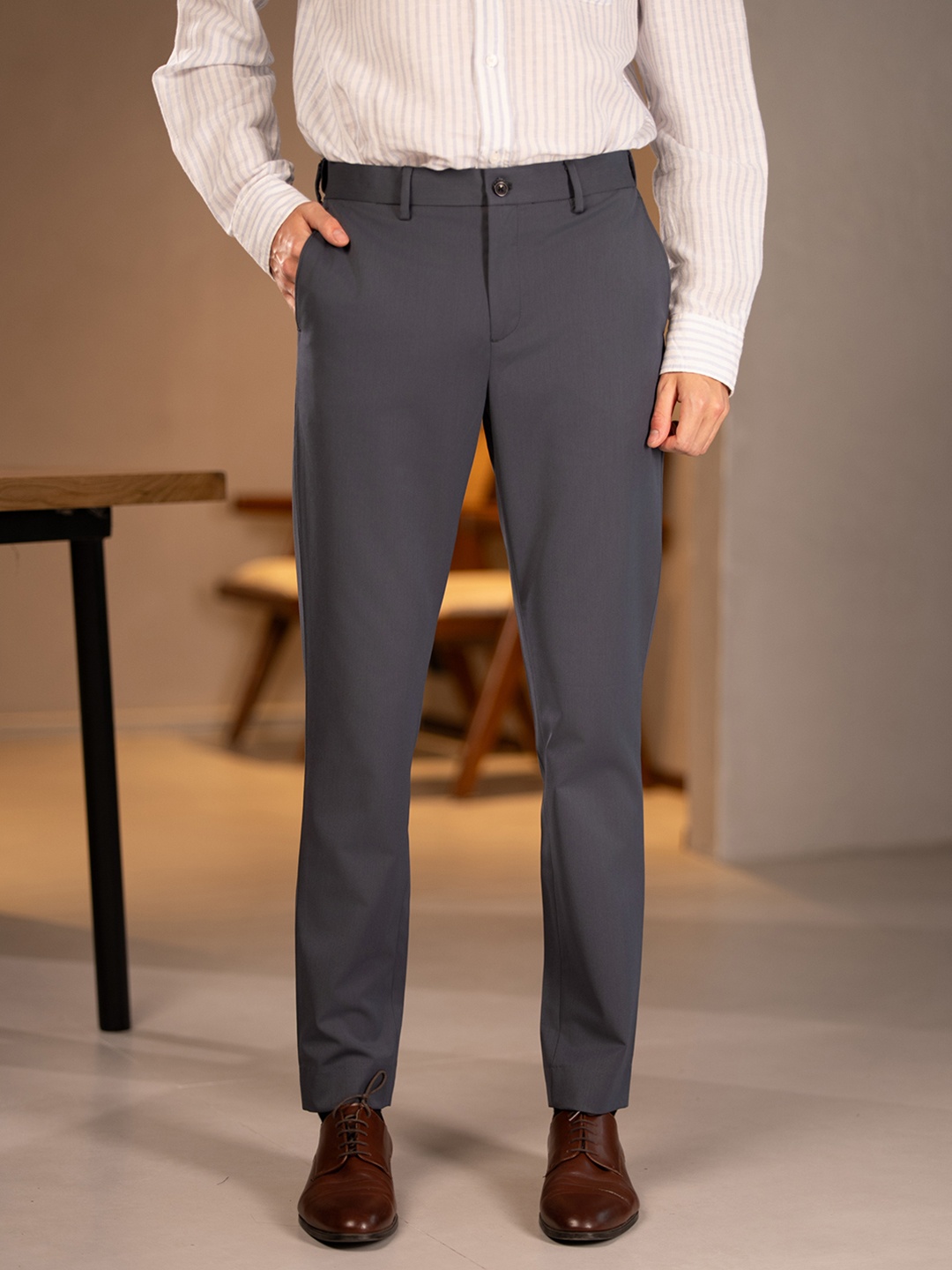 

The Pant Project Men Slim Fit Mid-Rise Soft-Stretch-Comfort Formal Trousers, Grey