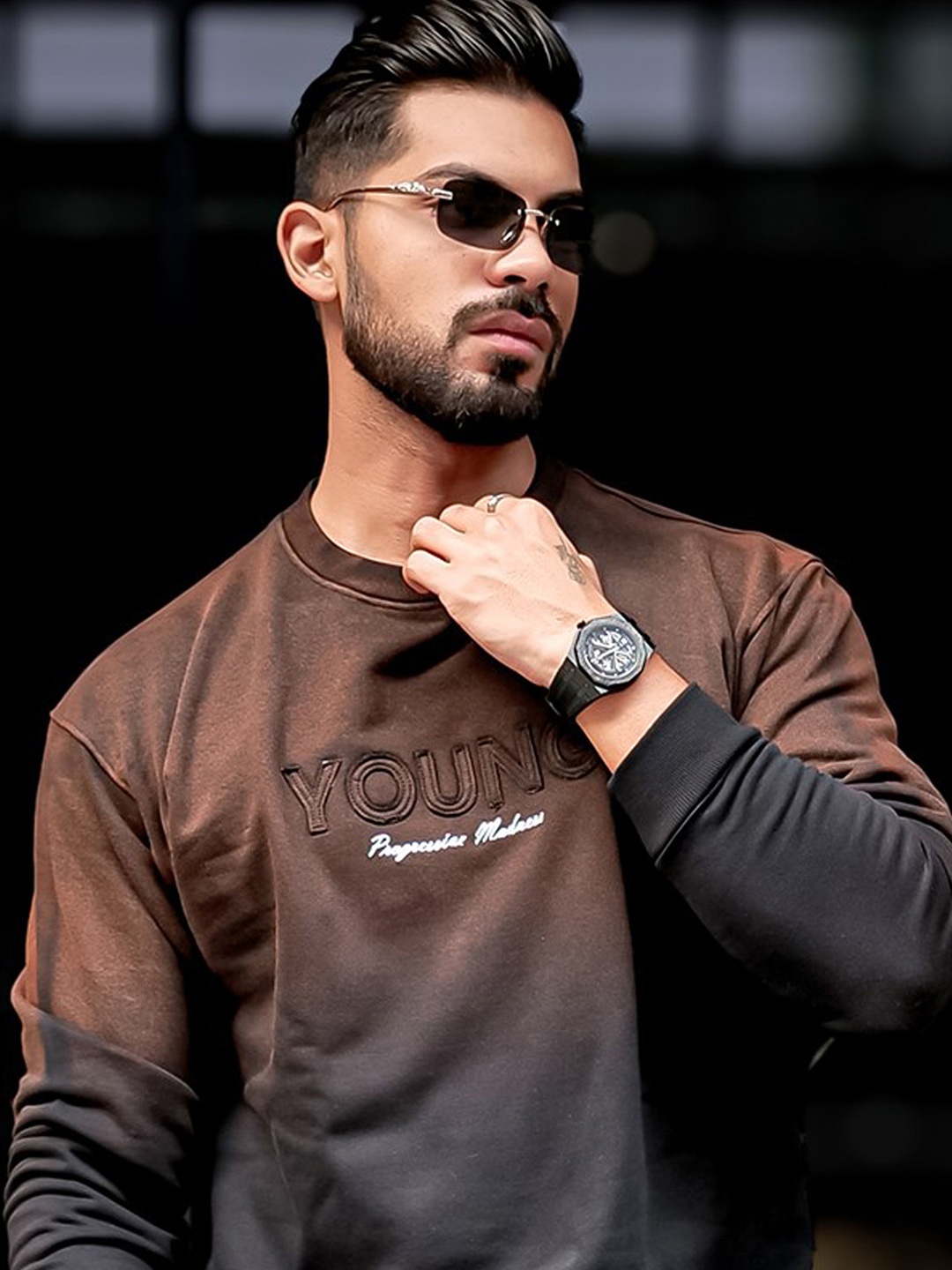 Maniac Men Washed Effect Embroidered Round Neck Long Sleeves Sweatshirt, Brown