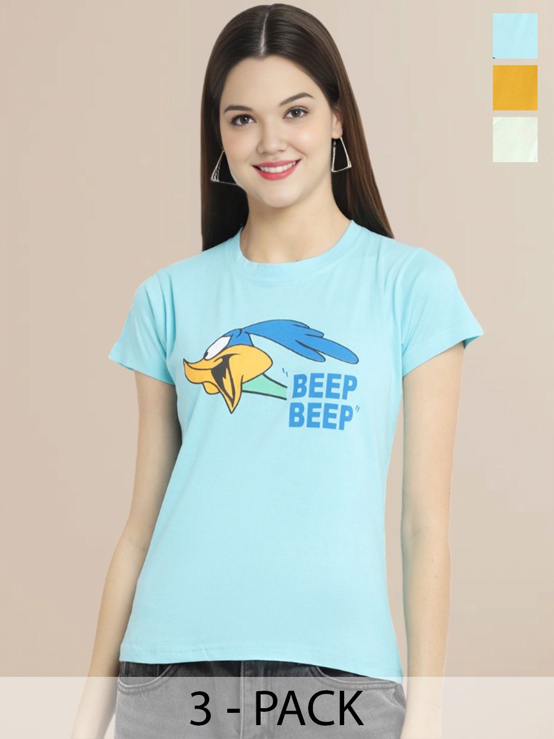 

Metronaut Women Pack Of 3 Typography Printed Round Neck Cotton Looney Tunes T-shirts, Lime green