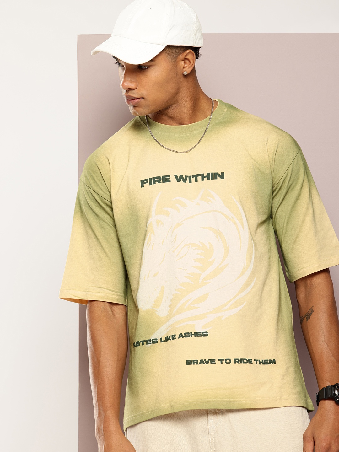 

Kook N Keech Men Printed Drop-Shoulder Sleeves Oversized T-shirt, Cream