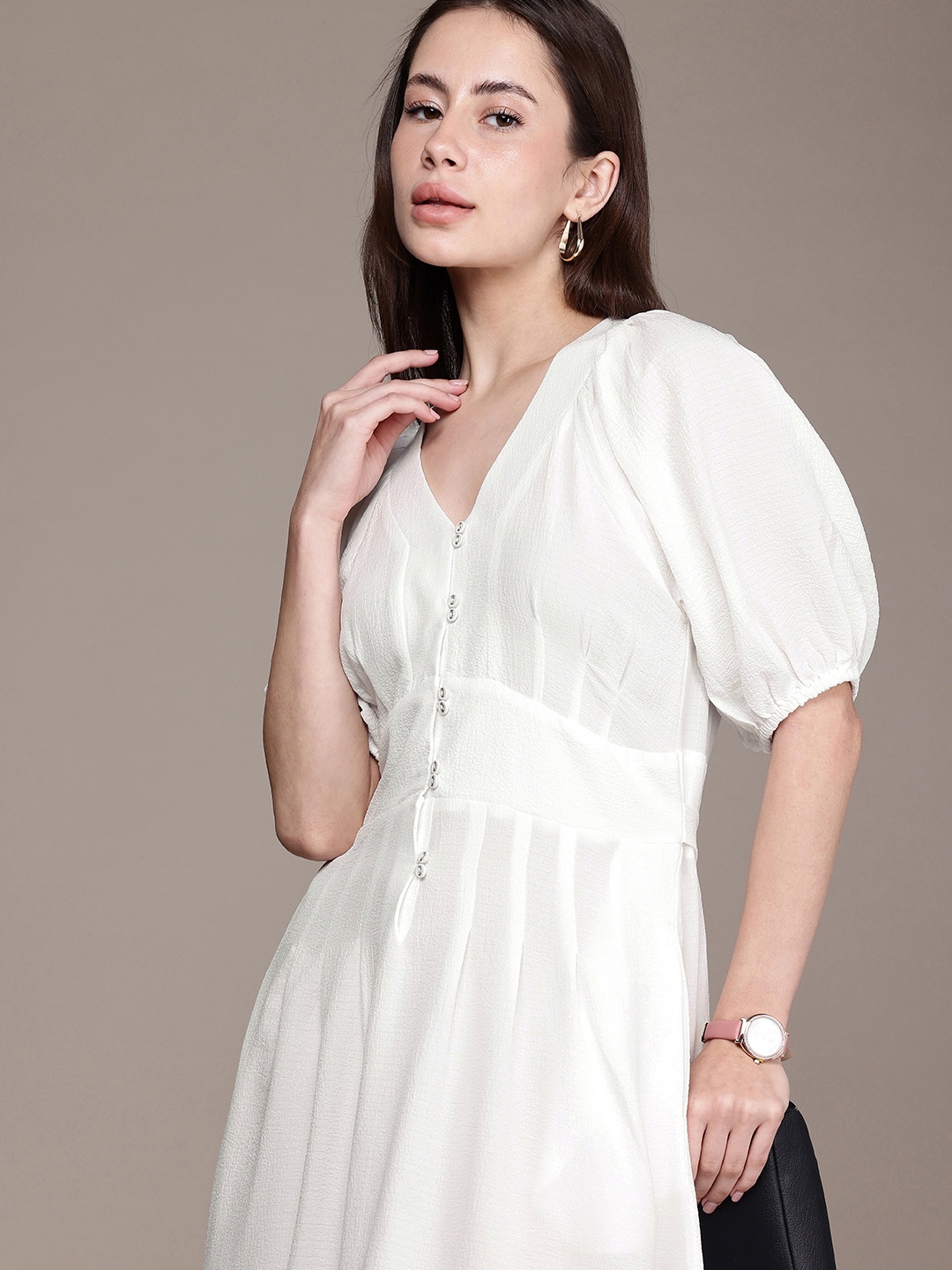 

French Connection Textured Puffed Raglan Sleeve A-Line Midi Dress, White