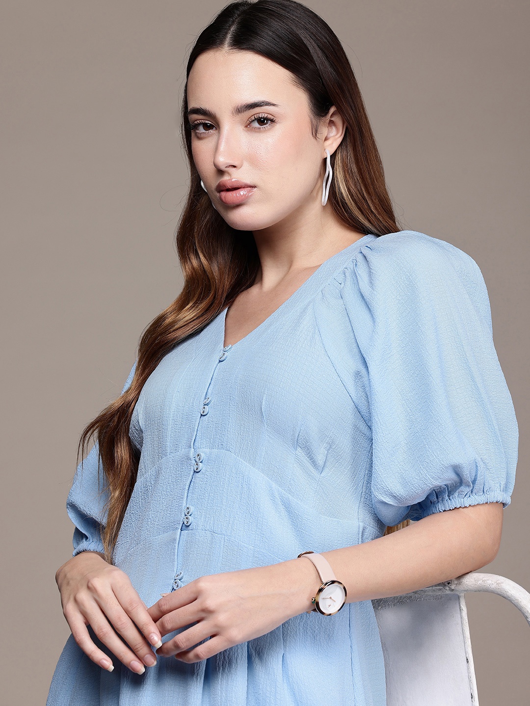 

French Connection Textured Puffed Raglan Sleeve A-Line Midi Dress, Blue