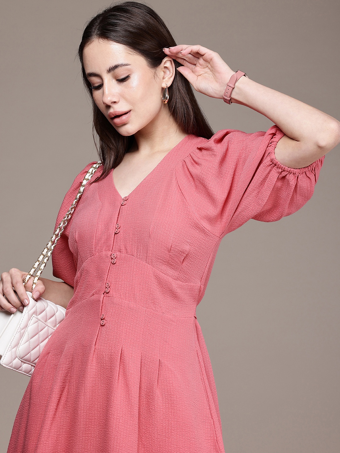 

French Connection Textured Puffed Raglan Sleeve A-Line Midi Dress, Red