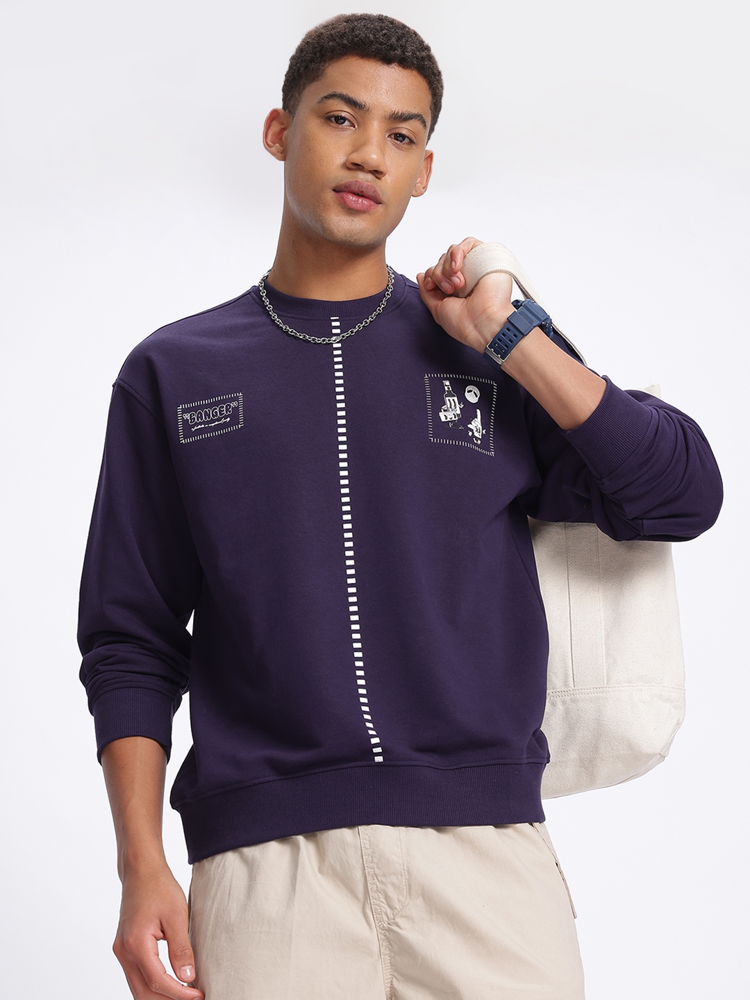

glitchez Comfort Essentials Printed Relaxed Terry Sweatshirt, Navy blue