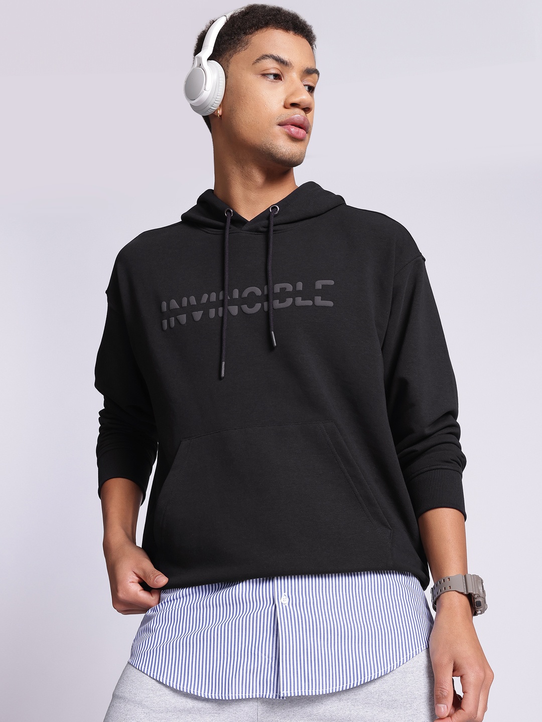 

glitchez Invincible Snug Typography Hooded Oversized Sweatshirt, Black